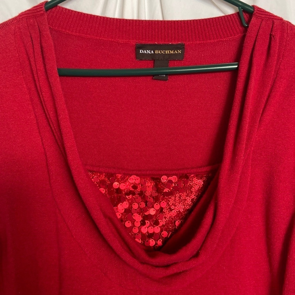 VGUC DANA BACHMAN Sz-M Vintage Red Christmas Top /w Draped & Sequined Neckline🎄 - Picture 2 of 16